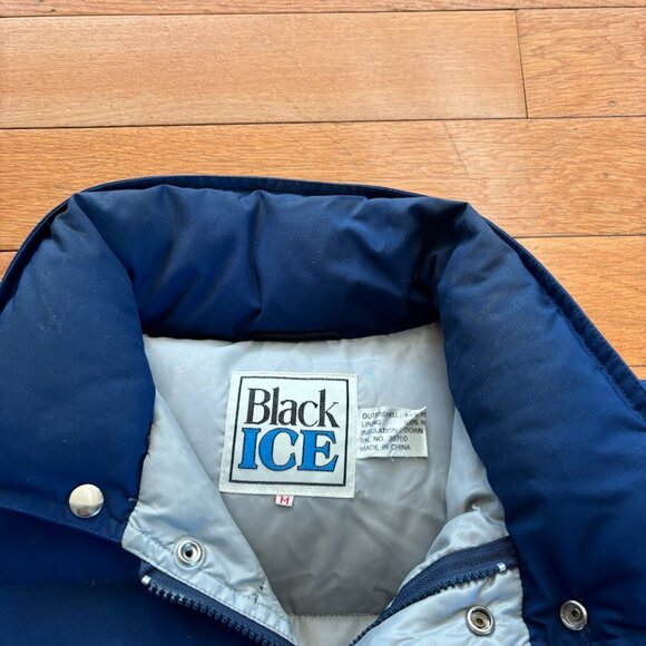 Vintage Black Ice Down Filled Blue Puffer Vest Mens M Hideaway Hood Outdoor Camp - Picture 6 of 10